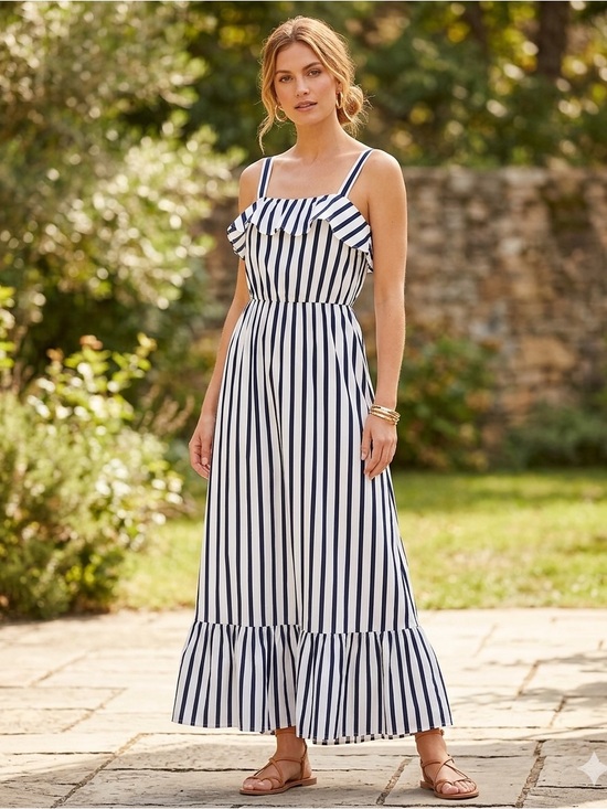 Betsey Johnson Dresses & Skirts - Betsey Johnson Striped Ruffle Hem Maxi Dress Size 2 Cream Navy Blue Sundress
